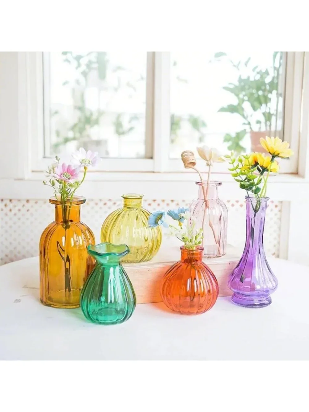 Set of 10 Colorful Glass Bud Vases - Vintage Small Flower Bottles for Home